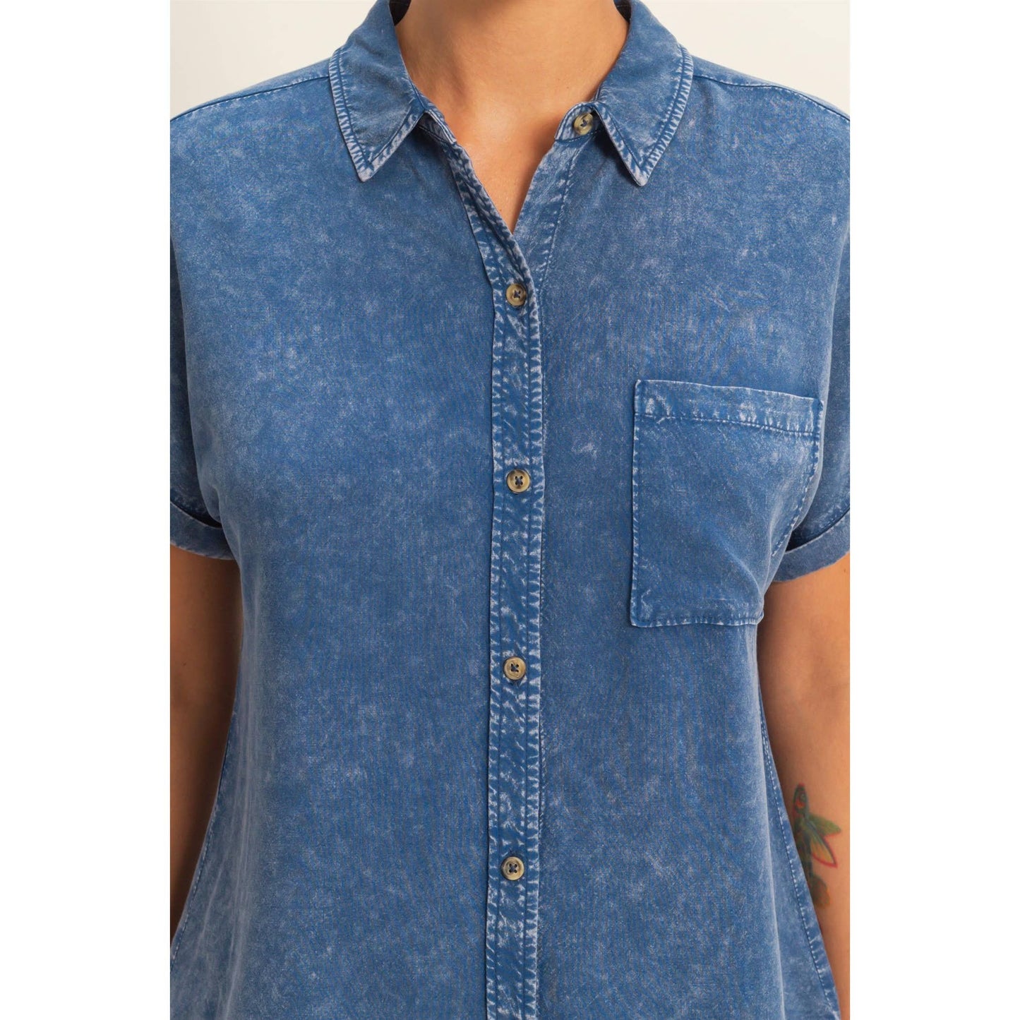 Mineral Wash Button-Up Dolman Sleeve Shirt