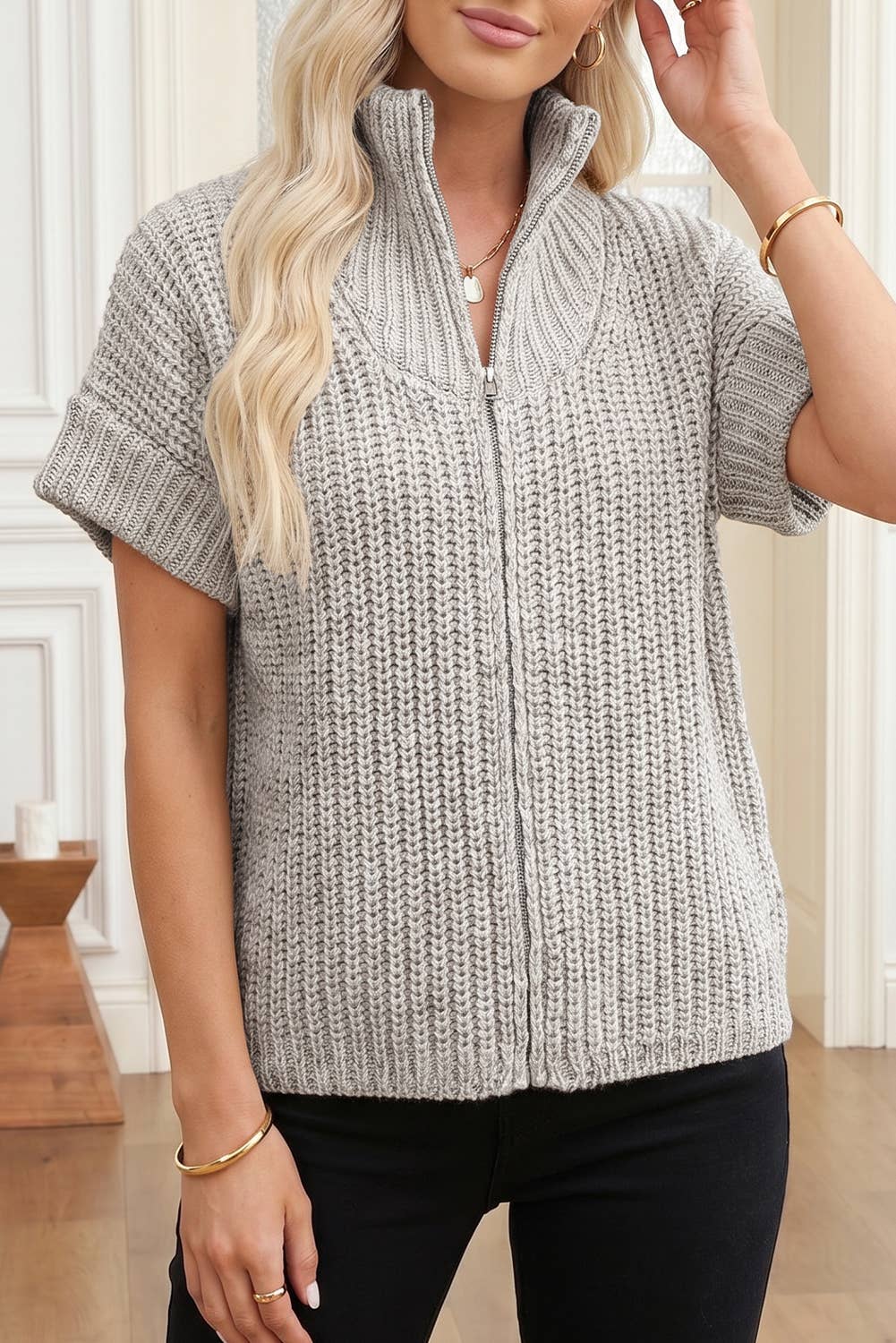 Textured Zip-Up Short Sleeve Sweater Cardigan