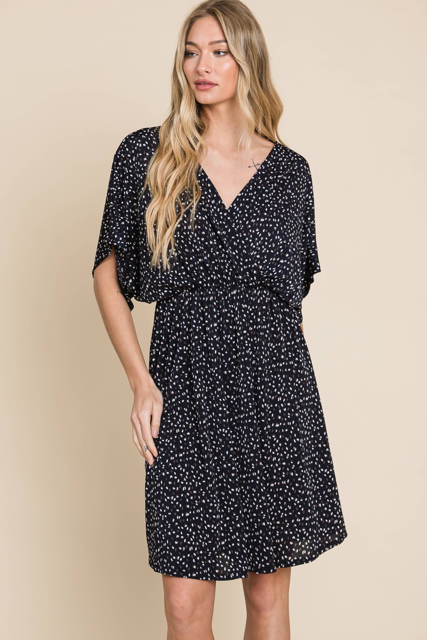 Blue Dot Wrap V Neck Dress