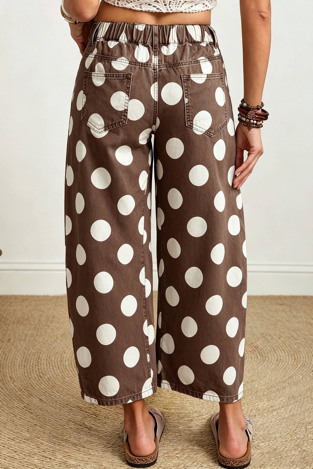 Polka Dot Pocket Ankle-Length Wide Leg Jeans