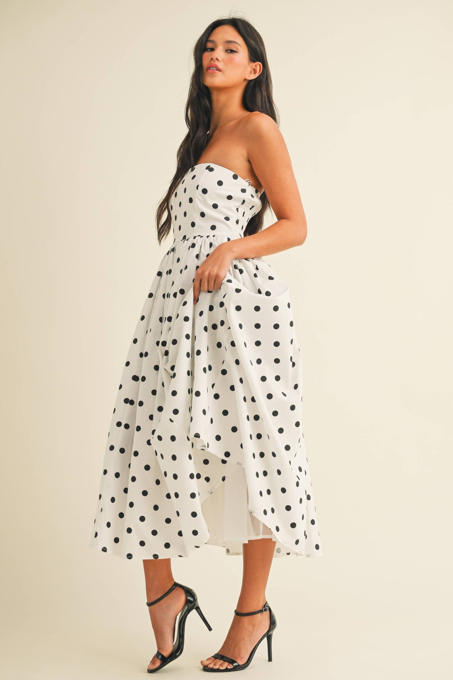 Polka Dot Strapless Tea Length Dress
