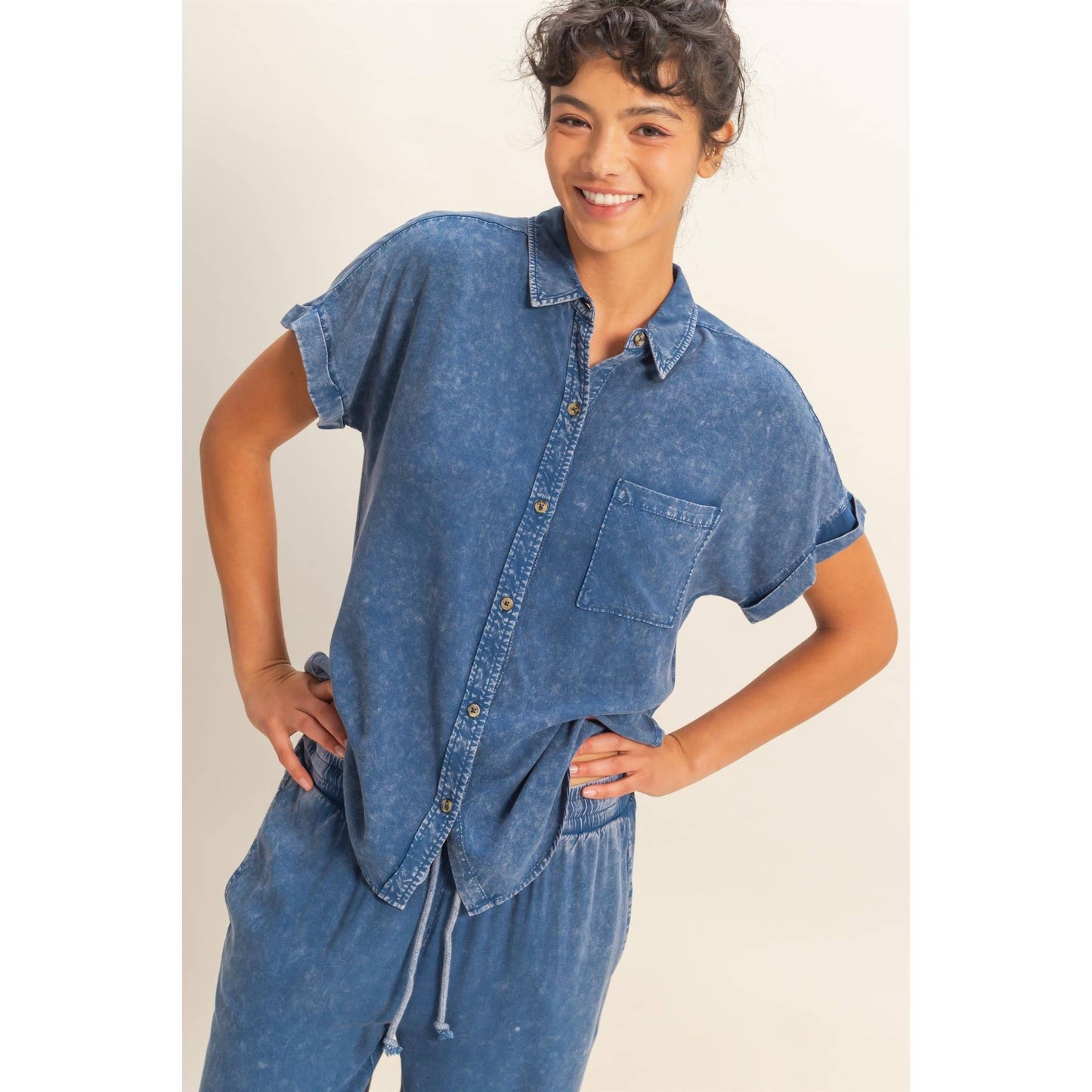 Mineral Wash Button-Up Dolman Sleeve Shirt