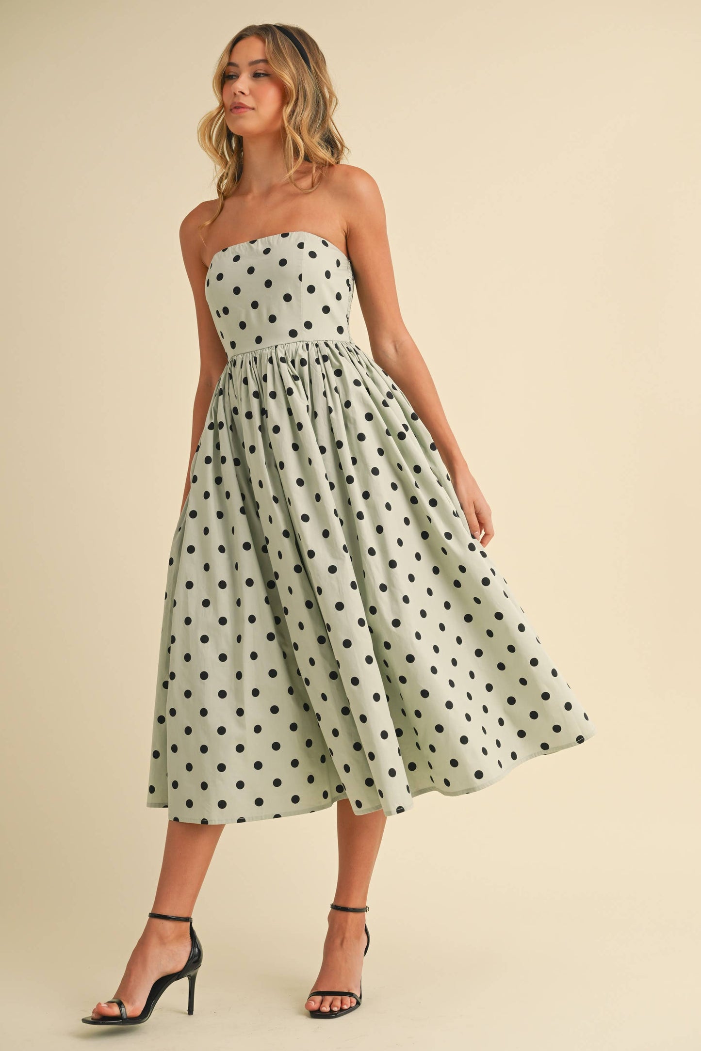 Polka Dot Strapless Tea Length Dress