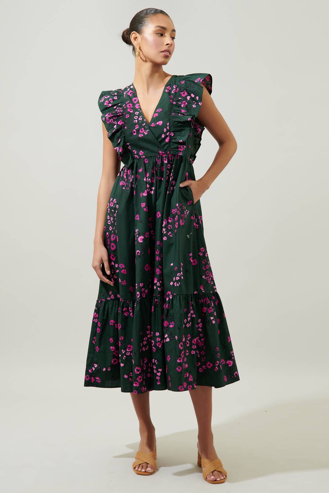 Anissa Floral Fairness Poplin Suplice Midi Dress