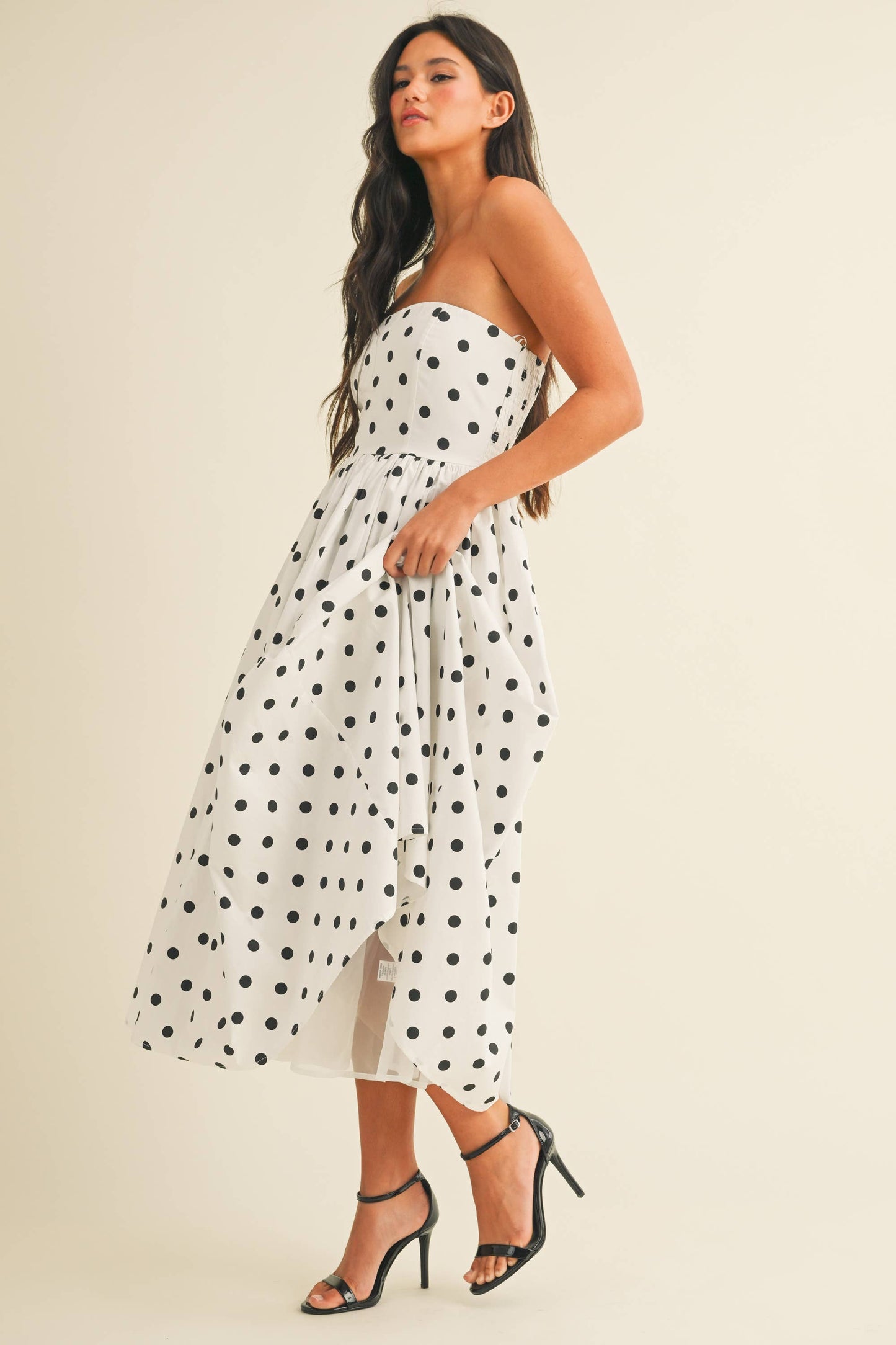 Polka Dot Strapless Tea Length Dress