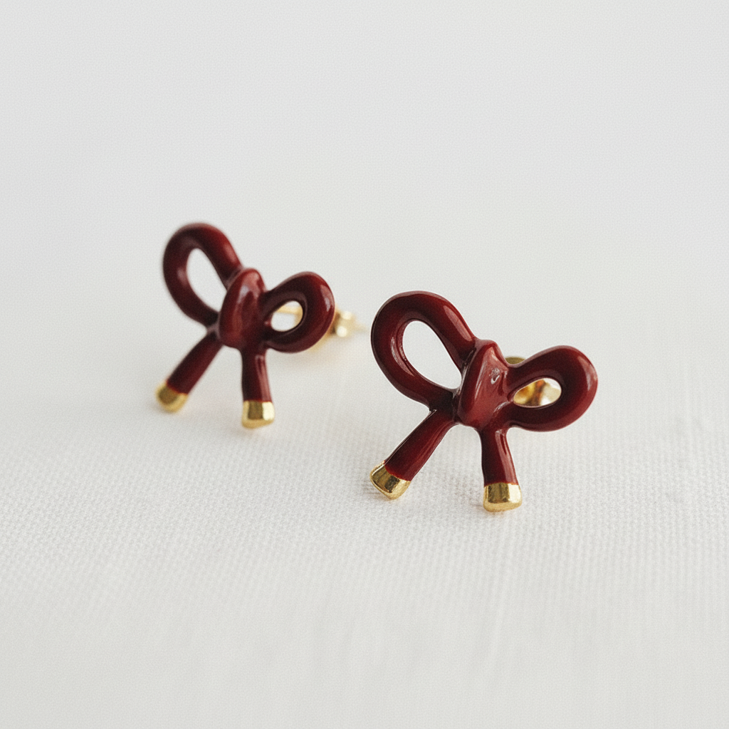 Burgundy Enamel Bow Earrings