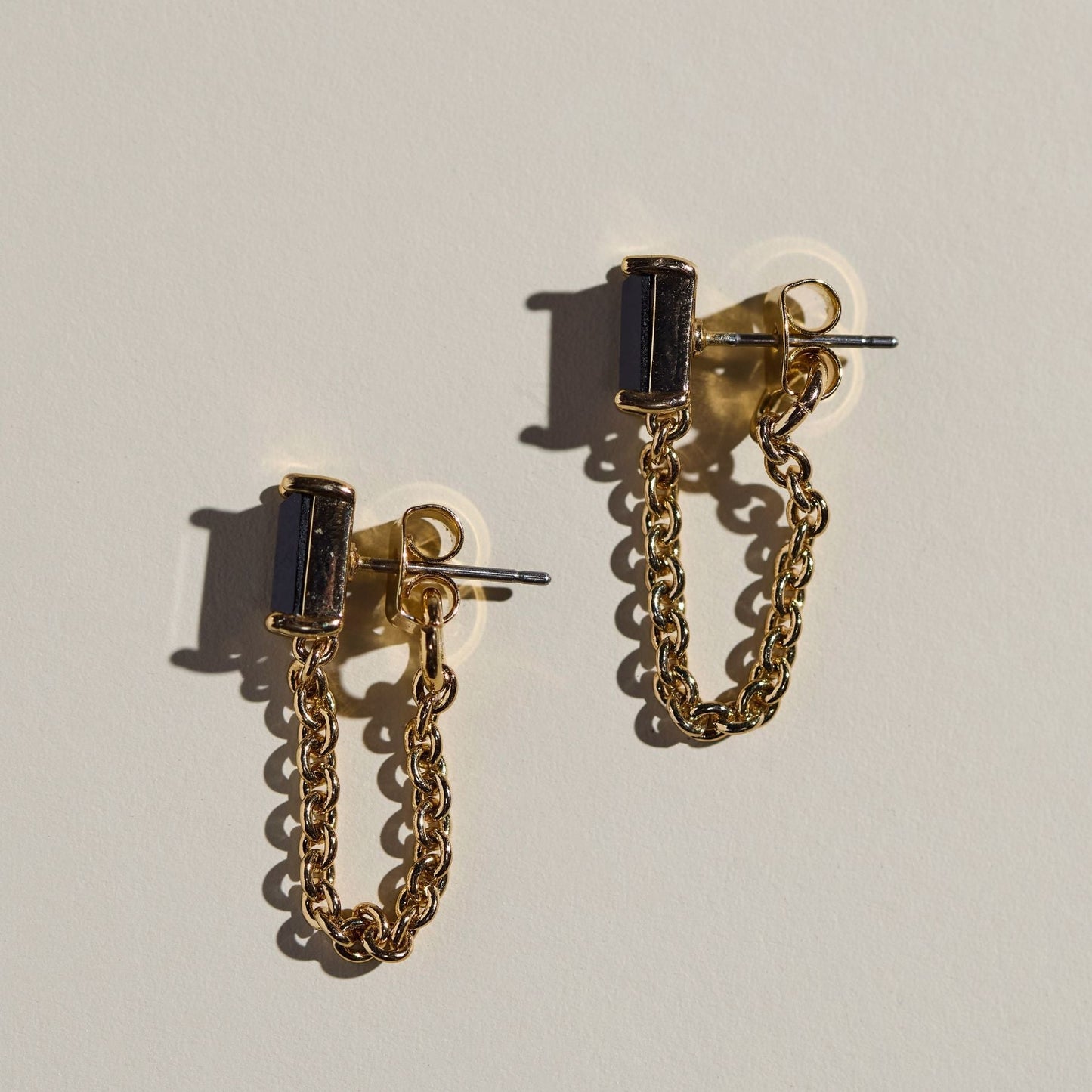 Black Baguette Chain Drop Studs
