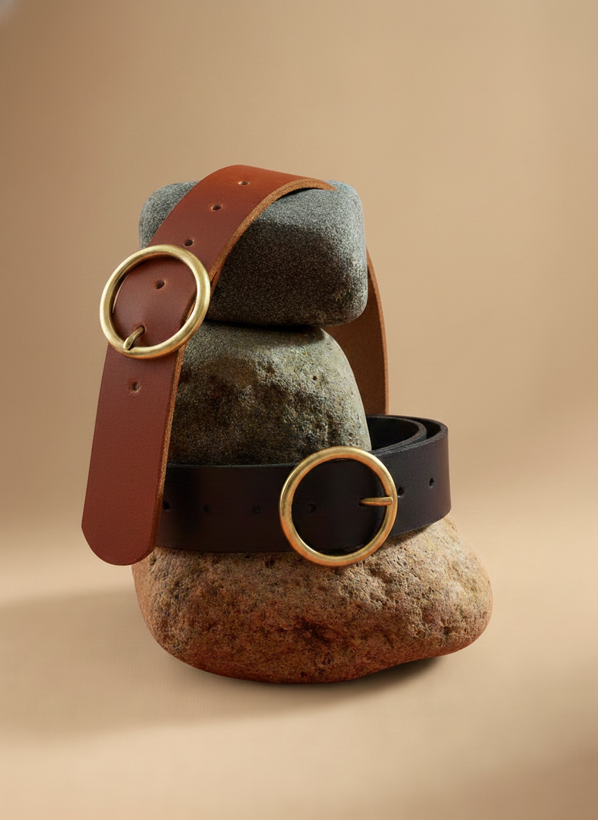 Brass-Toned Circle Buckle Genuine Leather Belt | Best-Seller