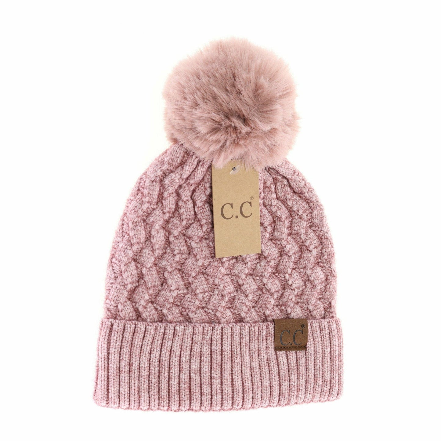 Woven Cable Knit Cuffed Matching Fur Pom CC Beanie