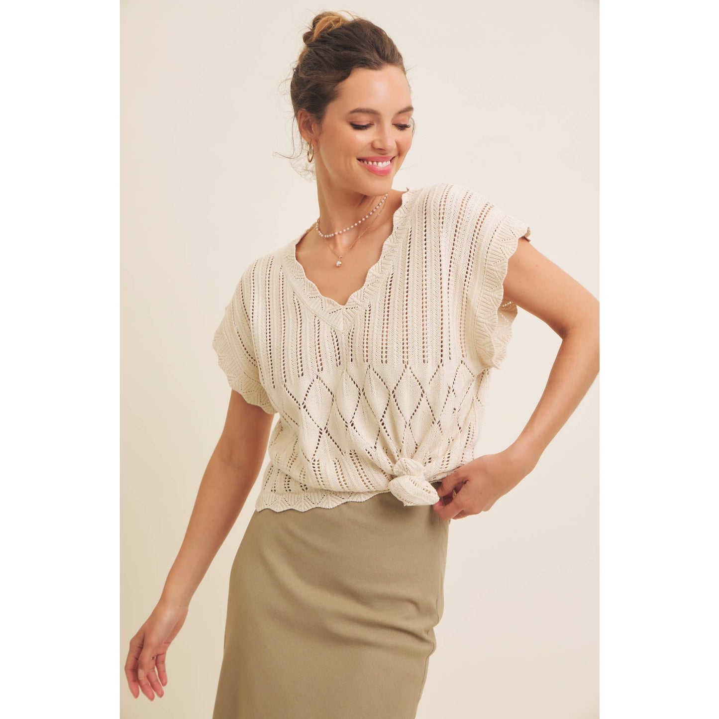 Scallop Edge V Neck Sweater Top