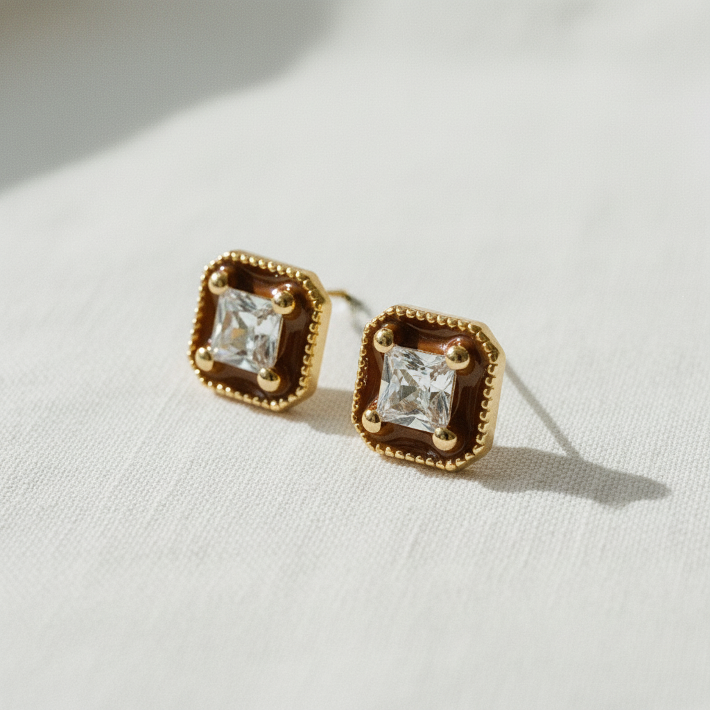 Burgundy Enamel and Zircon Stud Earrings