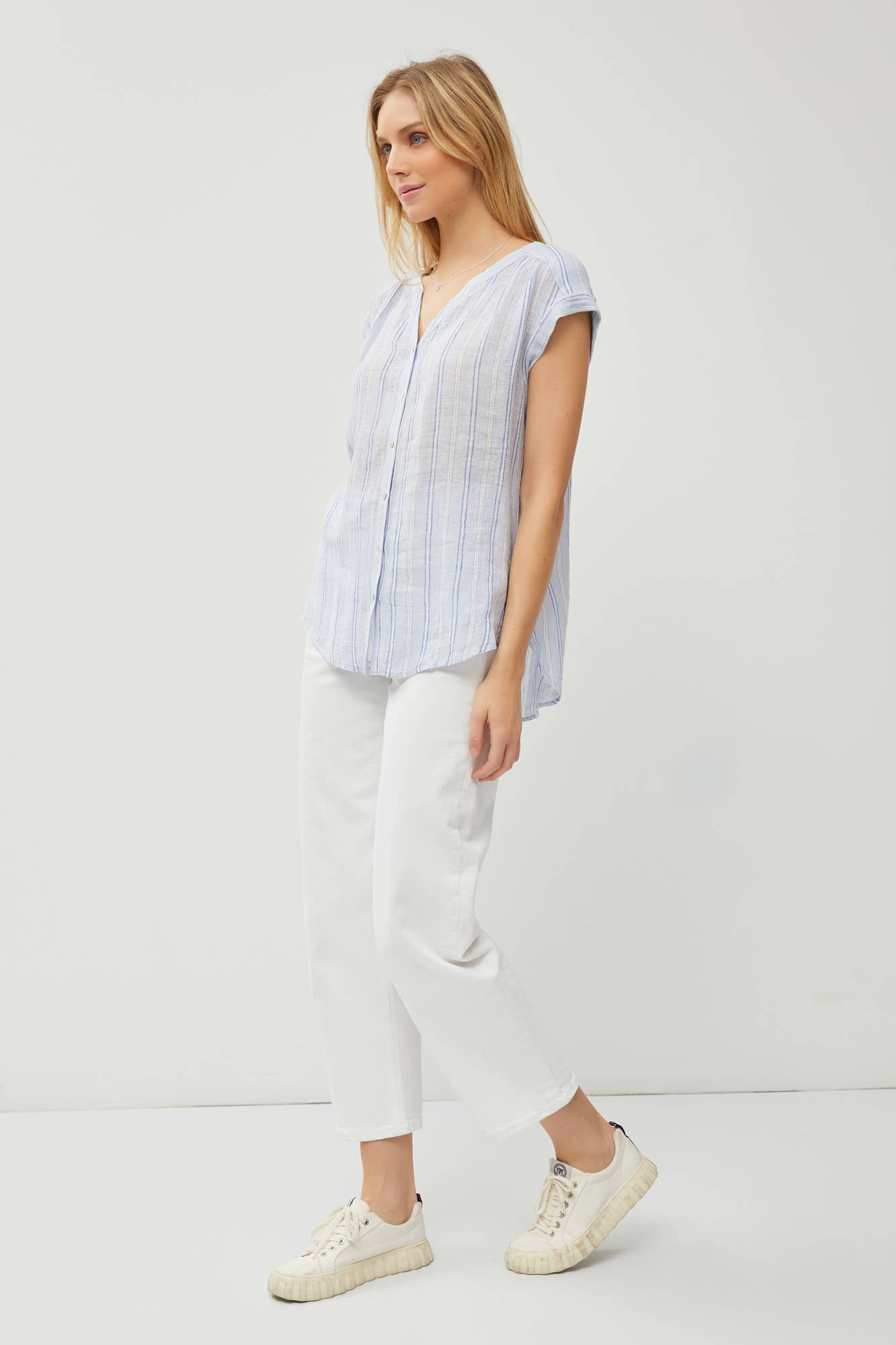 Striped Linen Mandarin Collar Cap Sleeve Top