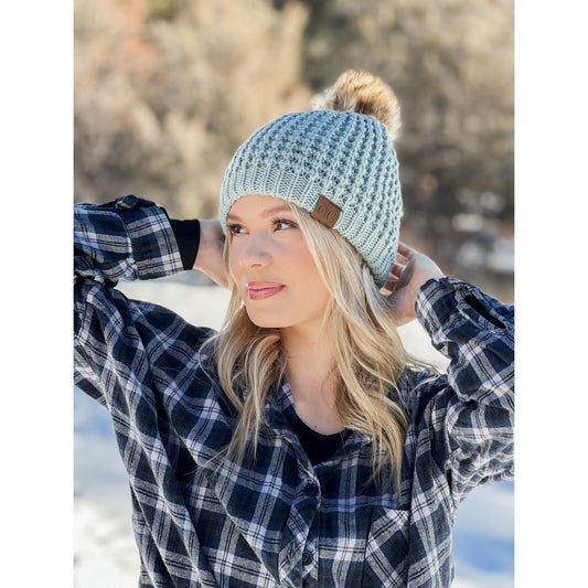 CC Beanie Solid Waffle Stitch Fur Pom