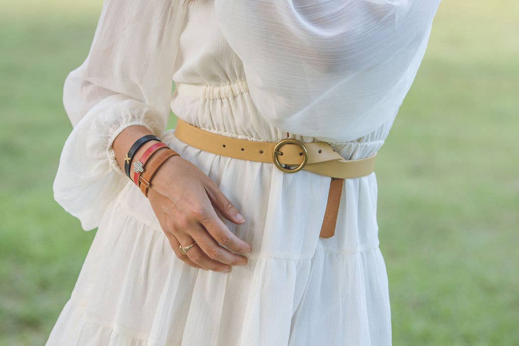 Round Brass Buckle Suede/Genuine Leather Belt