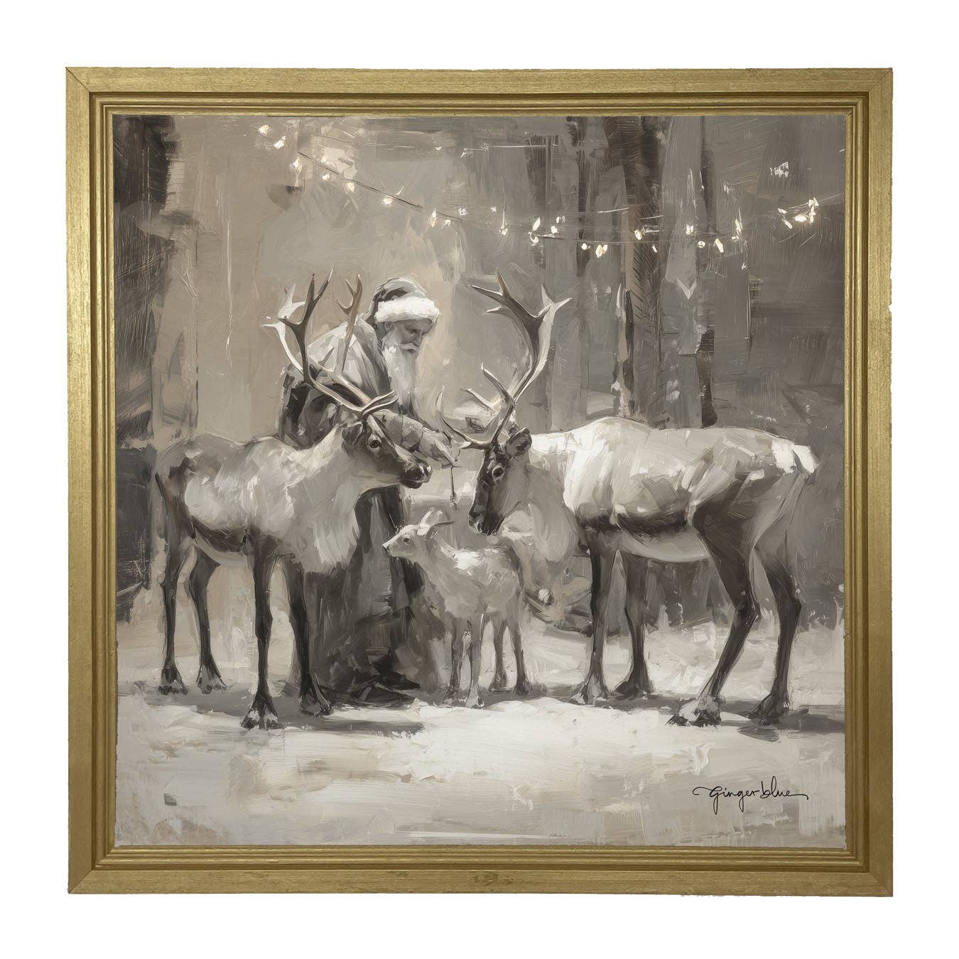Santa and Reindeers under Christmas Lights