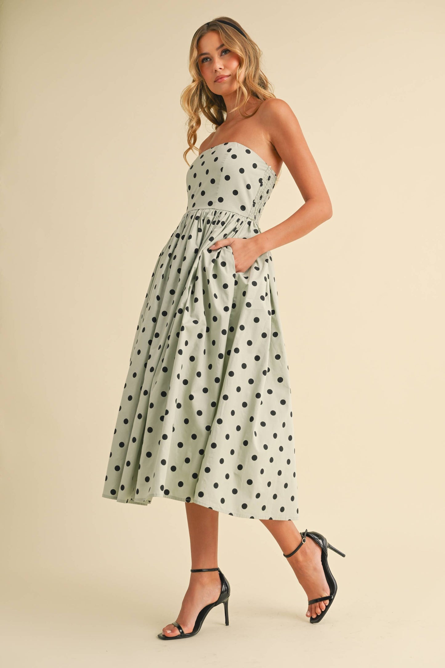 Polka Dot Strapless Tea Length Dress