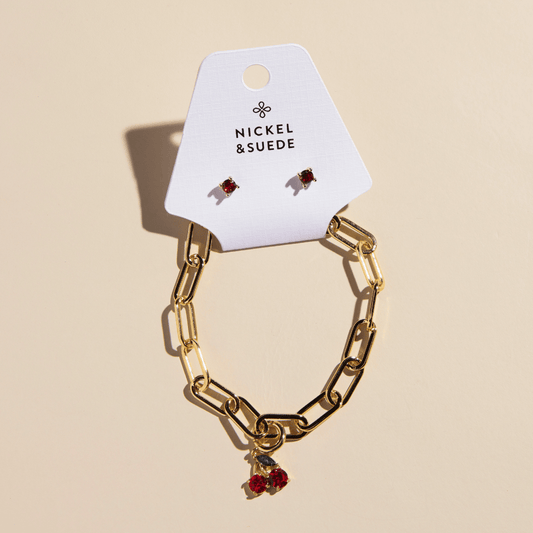 Cherry Charm Bracelet & Stud Set