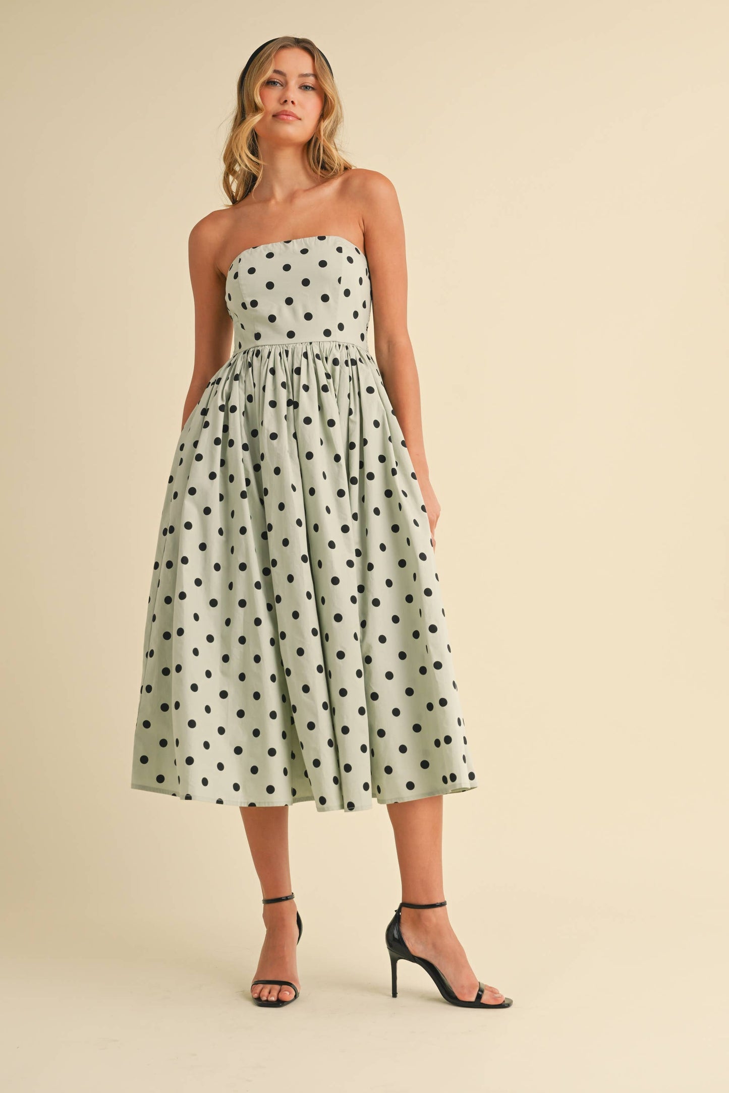 Polka Dot Strapless Tea Length Dress