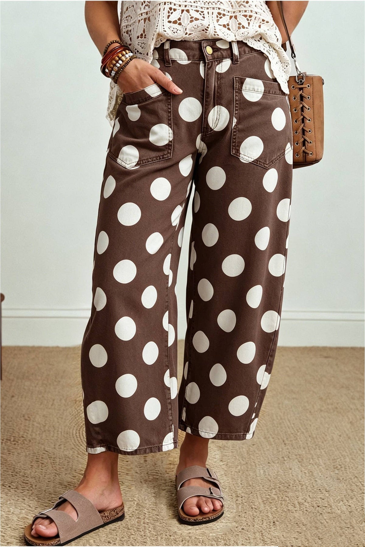 Polka Dot Pocket Ankle-Length Wide Leg Jeans