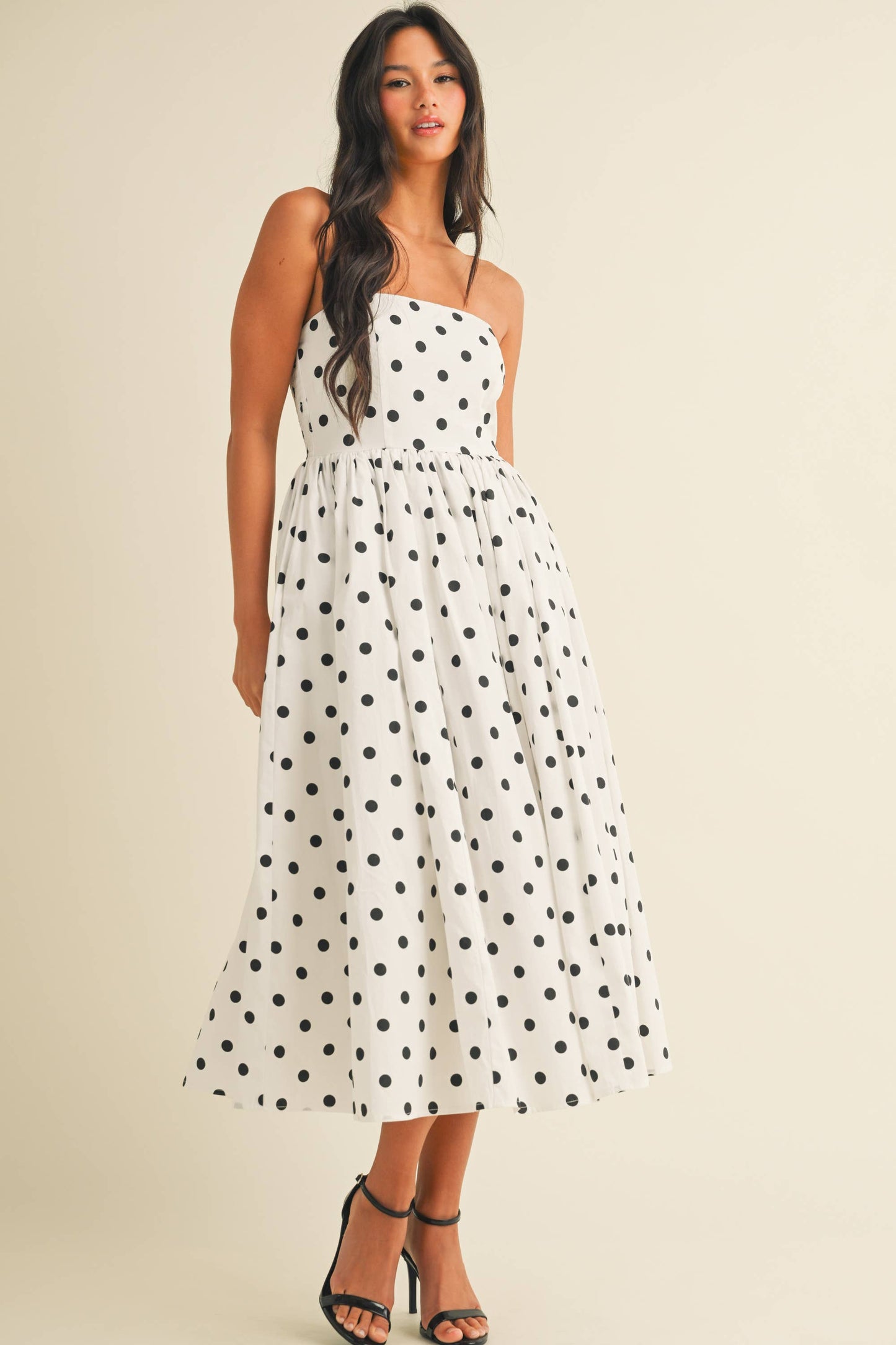 Polka Dot Strapless Tea Length Dress