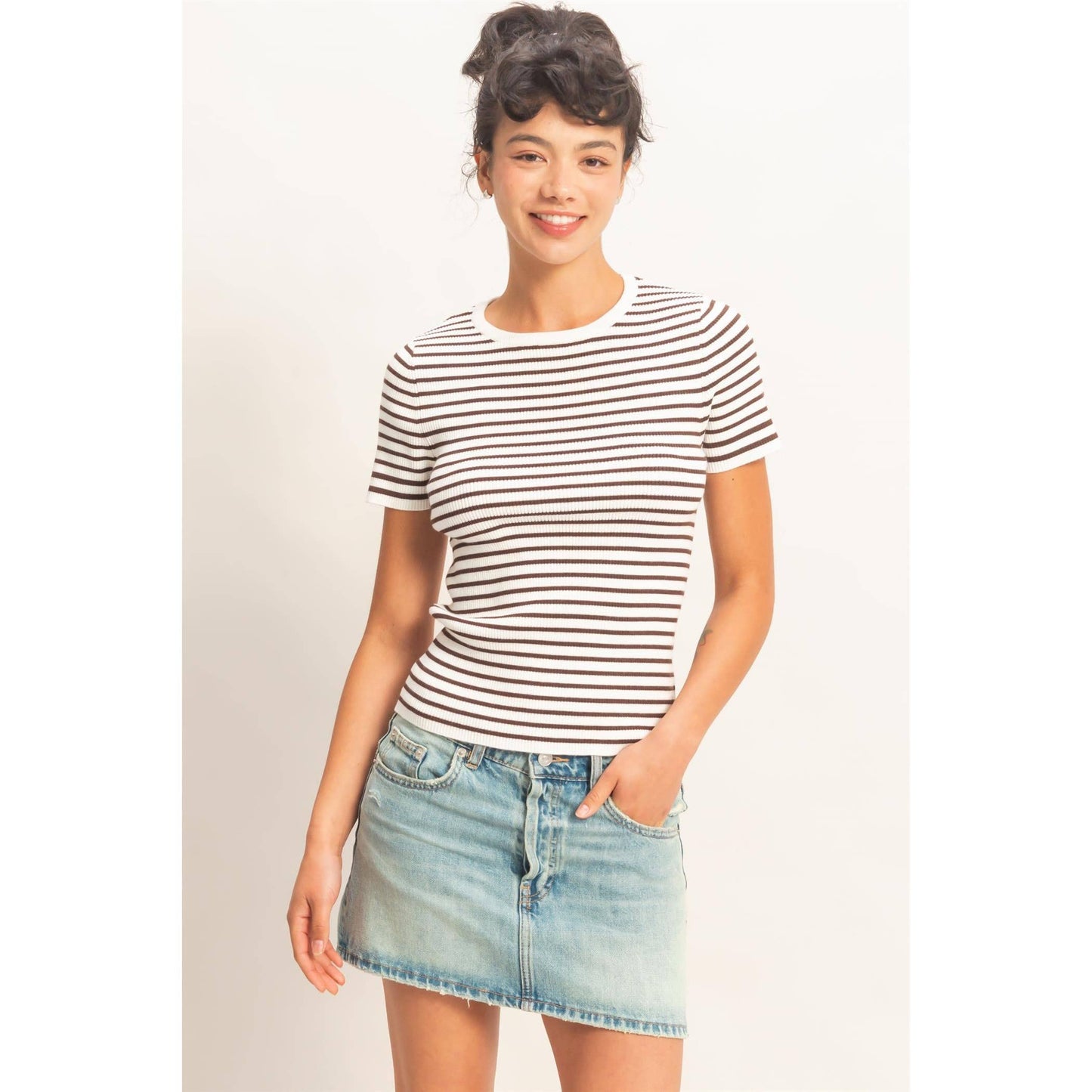 Striped Ribbed Short Sleeve Crew Neck Knit Top