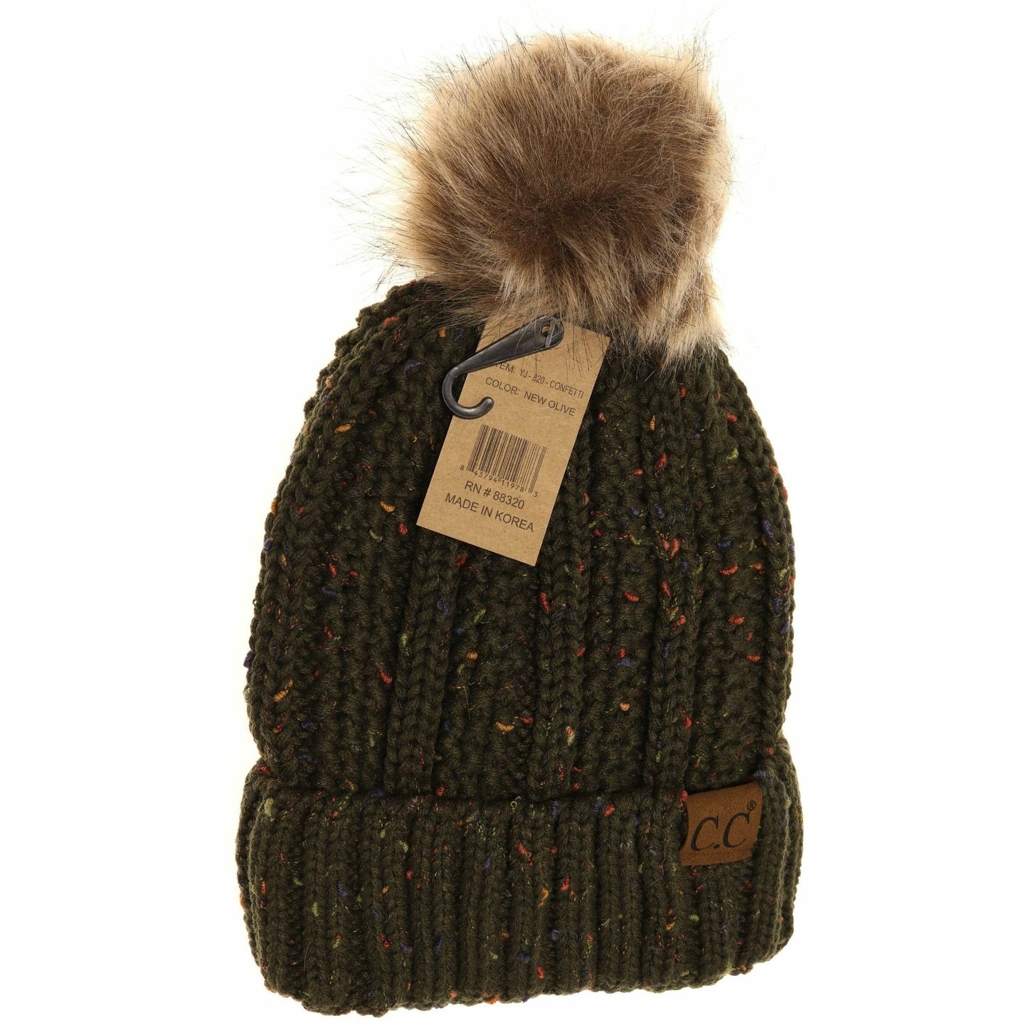 CC Beanie Fuzzy Lined Flecked Fur Pom