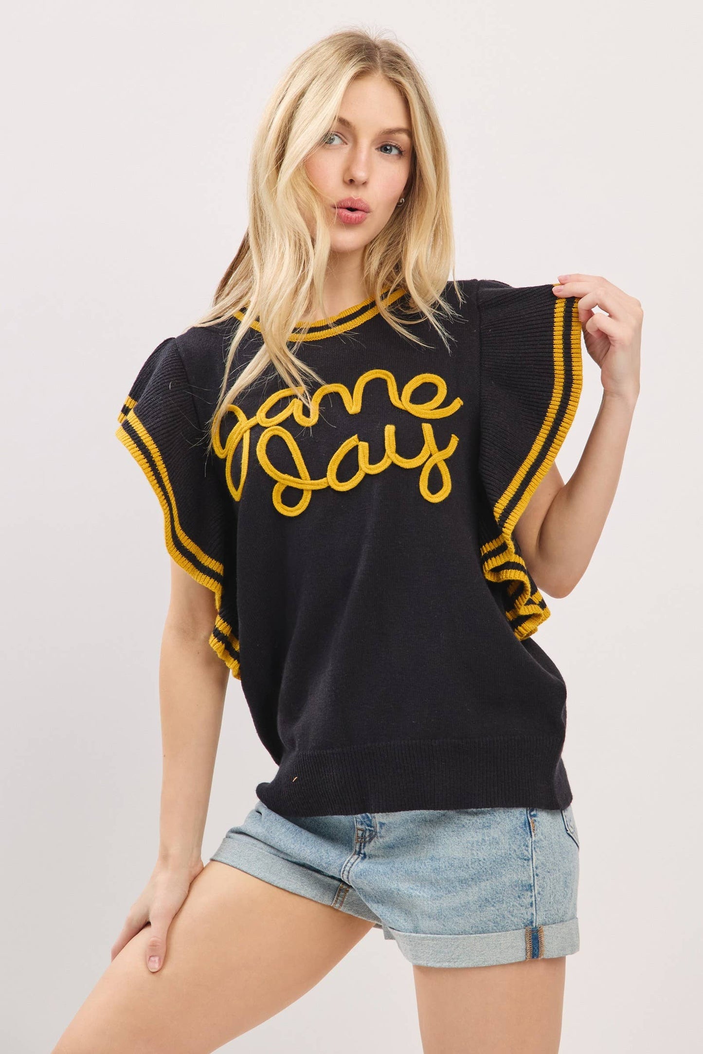Ruffle Sleeve Varsity Gameday Knit Top