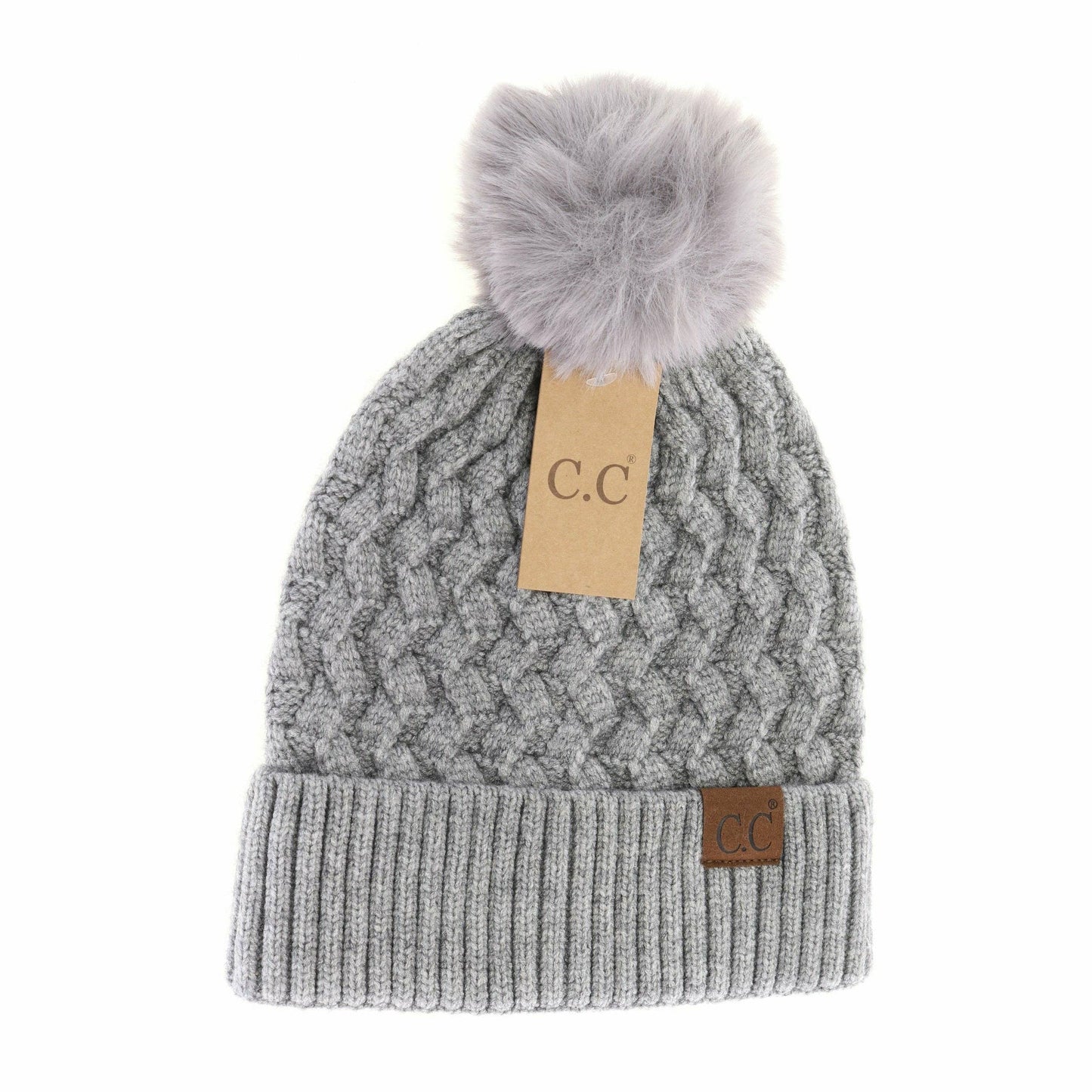 Woven Cable Knit Cuffed Matching Fur Pom CC Beanie