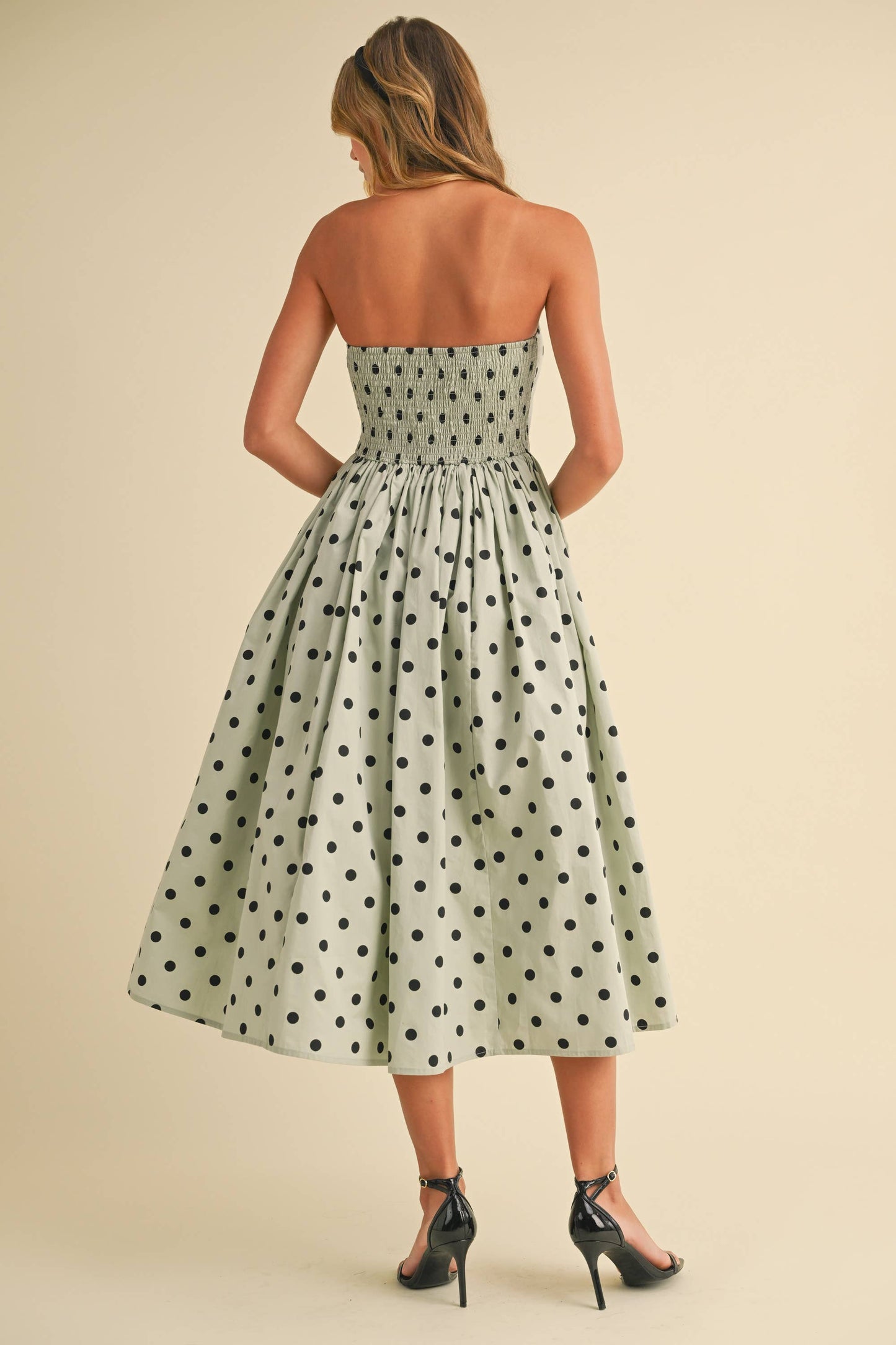 Polka Dot Strapless Tea Length Dress