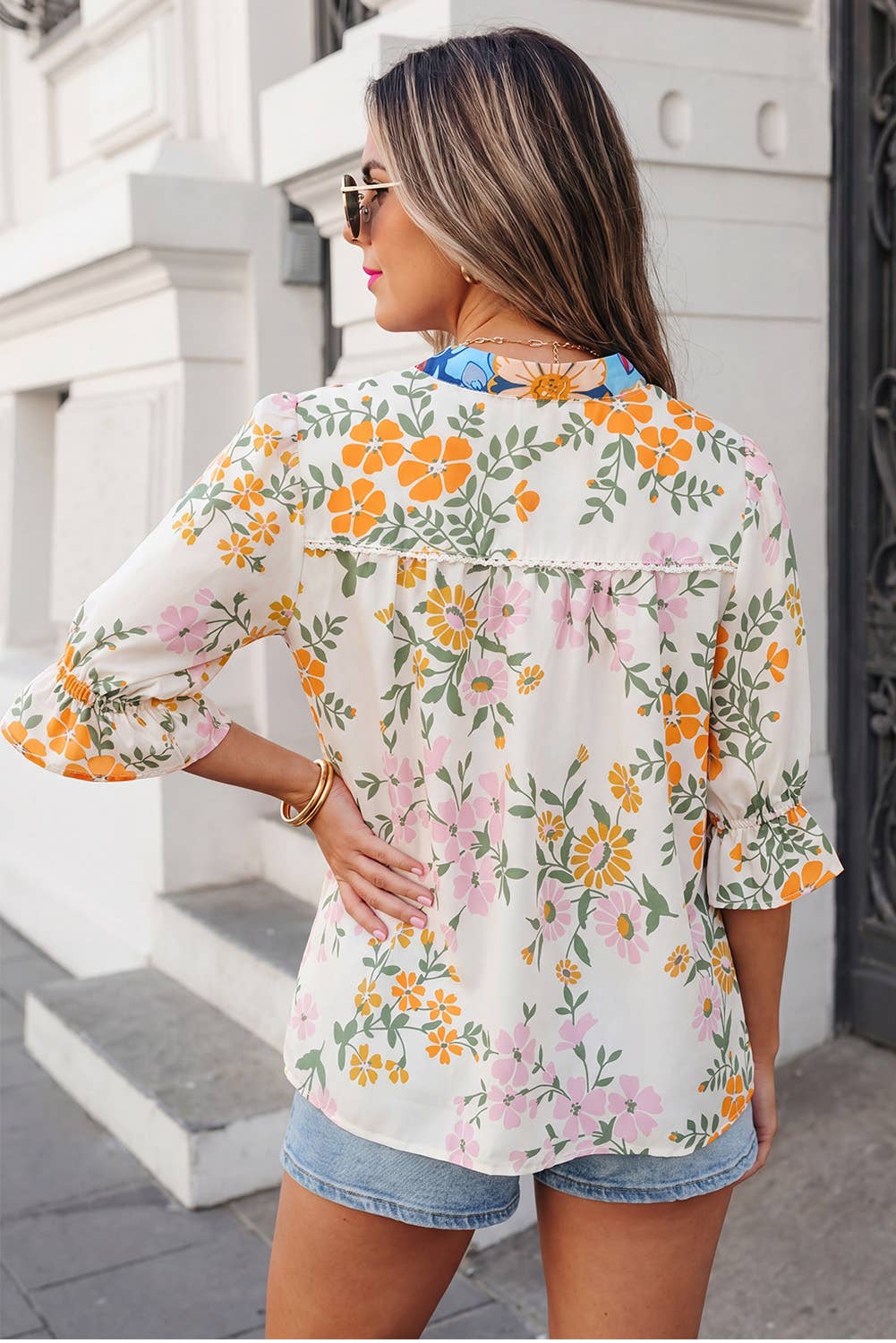 Boho Floral Crochet V Neck Blouse