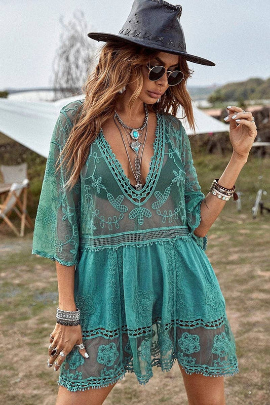 Boho Floral Crochet Cover-Up Dress