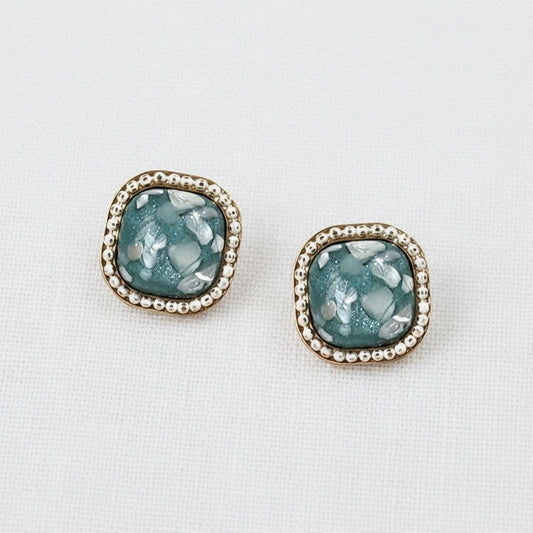 Blue Square Crushed Shell Stud Earrings