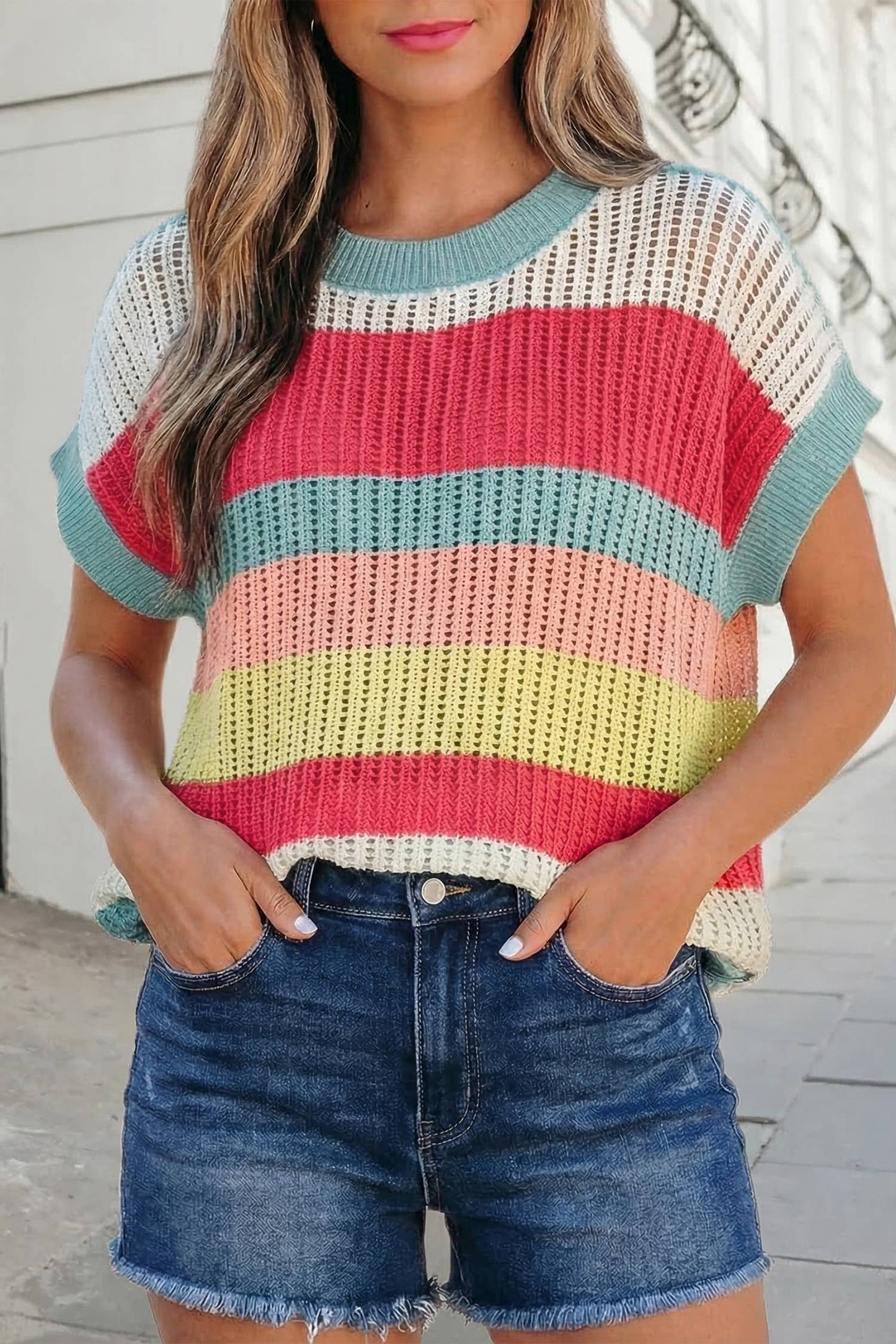 Colorblock Hollow Out Knit Sweater