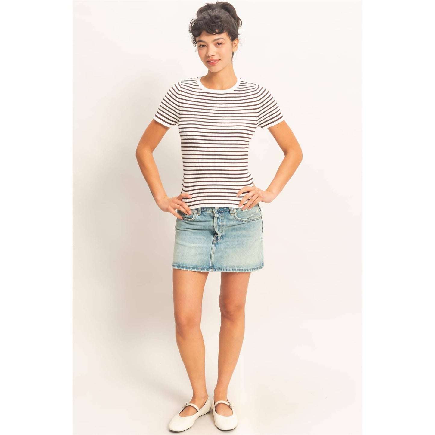 Striped Ribbed Short Sleeve Crew Neck Knit Top