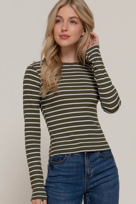 Long Sleeve Crew Neck Yarn Dyed Stripe Knit Top