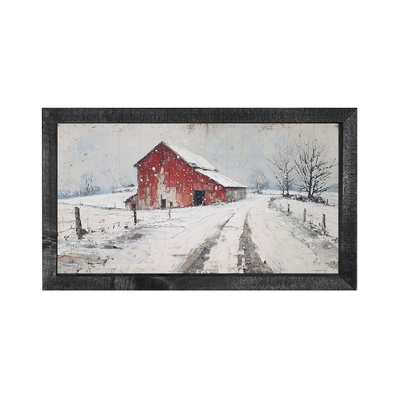 Country Winter - Red Barn near Road - Horizontal Box Frame