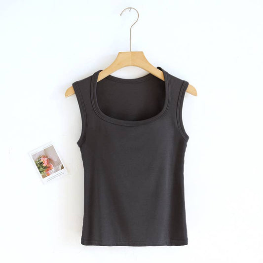 Queen-anne neck cotton blend built-in bra tank top