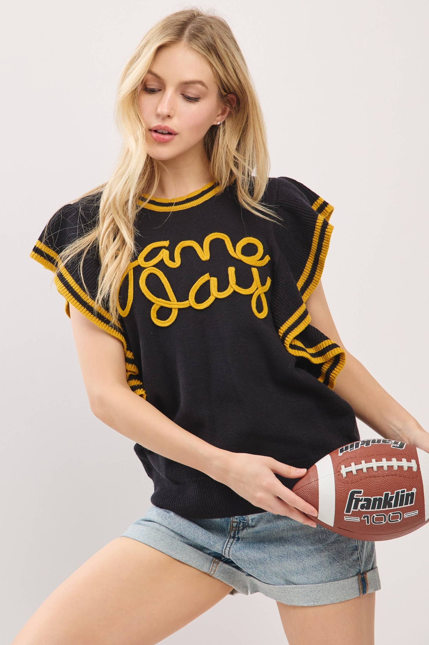 Ruffle Sleeve Varsity Gameday Knit Top