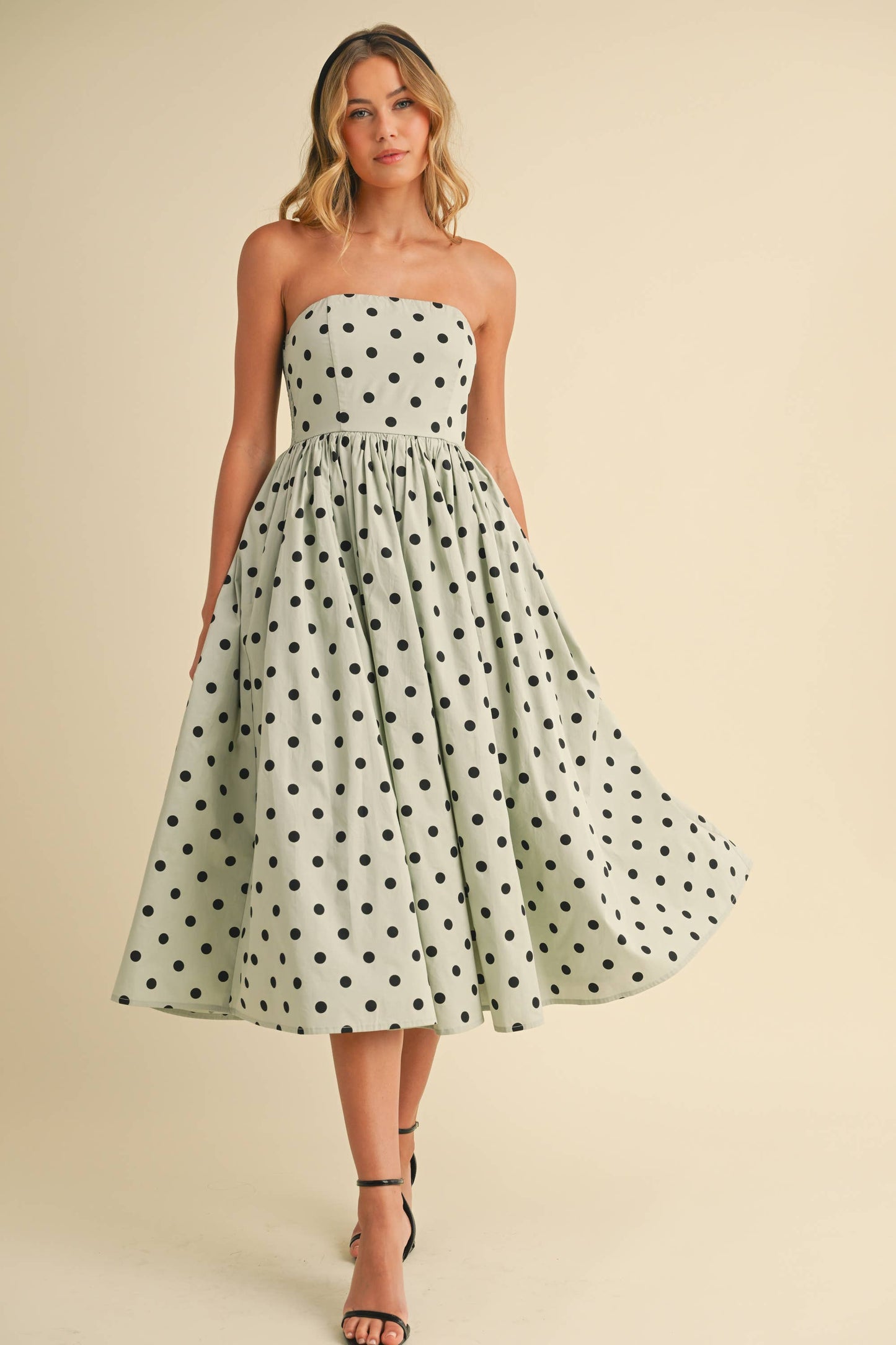 Polka Dot Strapless Tea Length Dress
