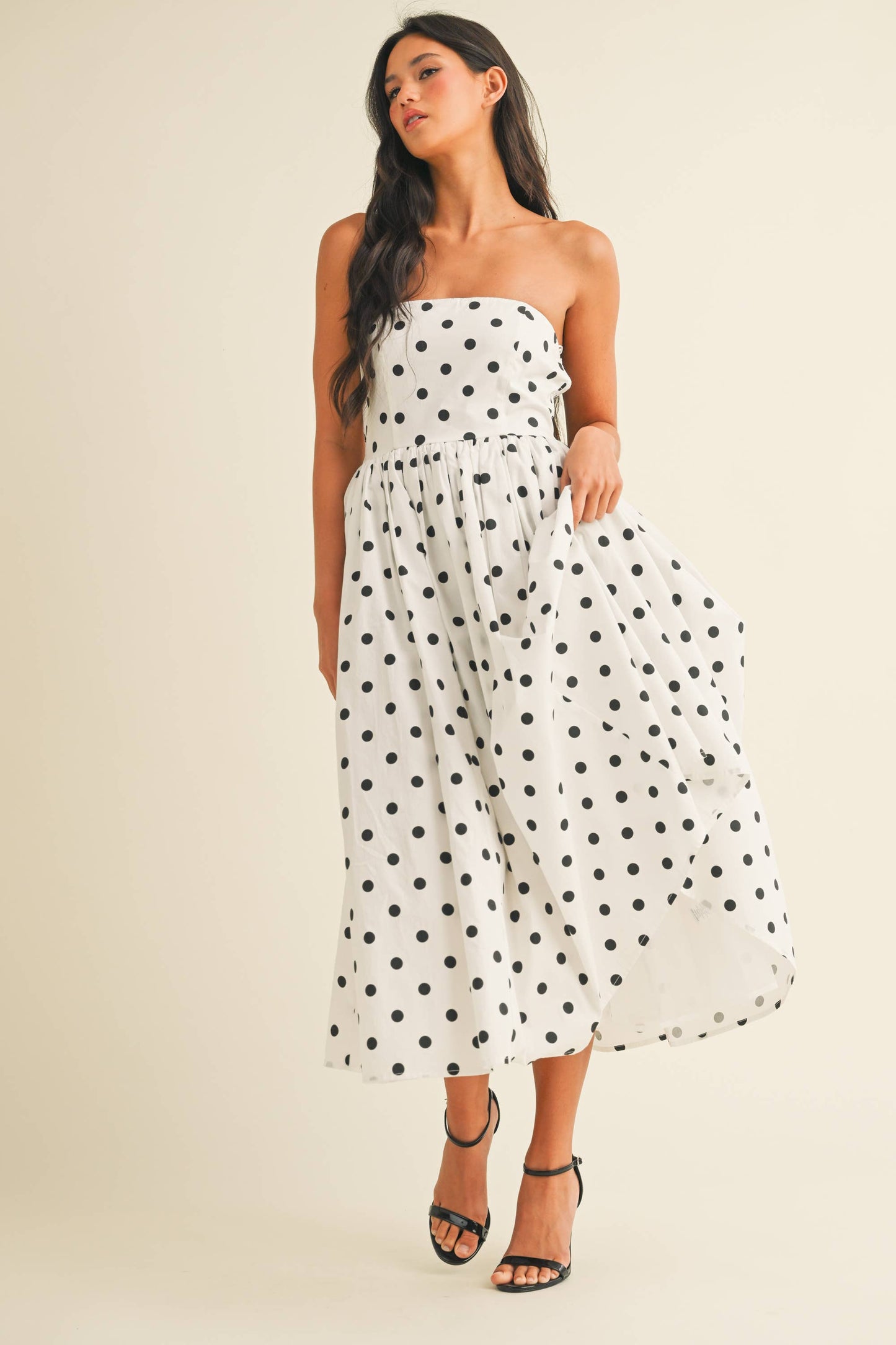 Polka Dot Strapless Tea Length Dress