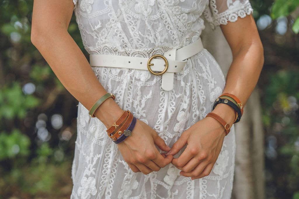 Round Brass Buckle Suede/Genuine Leather Belt