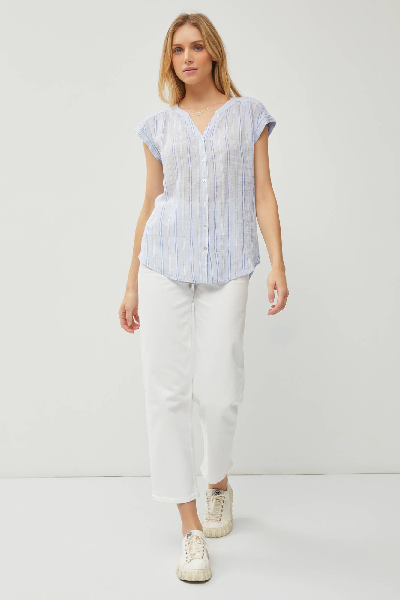 Striped Linen Mandarin Collar Cap Sleeve Top