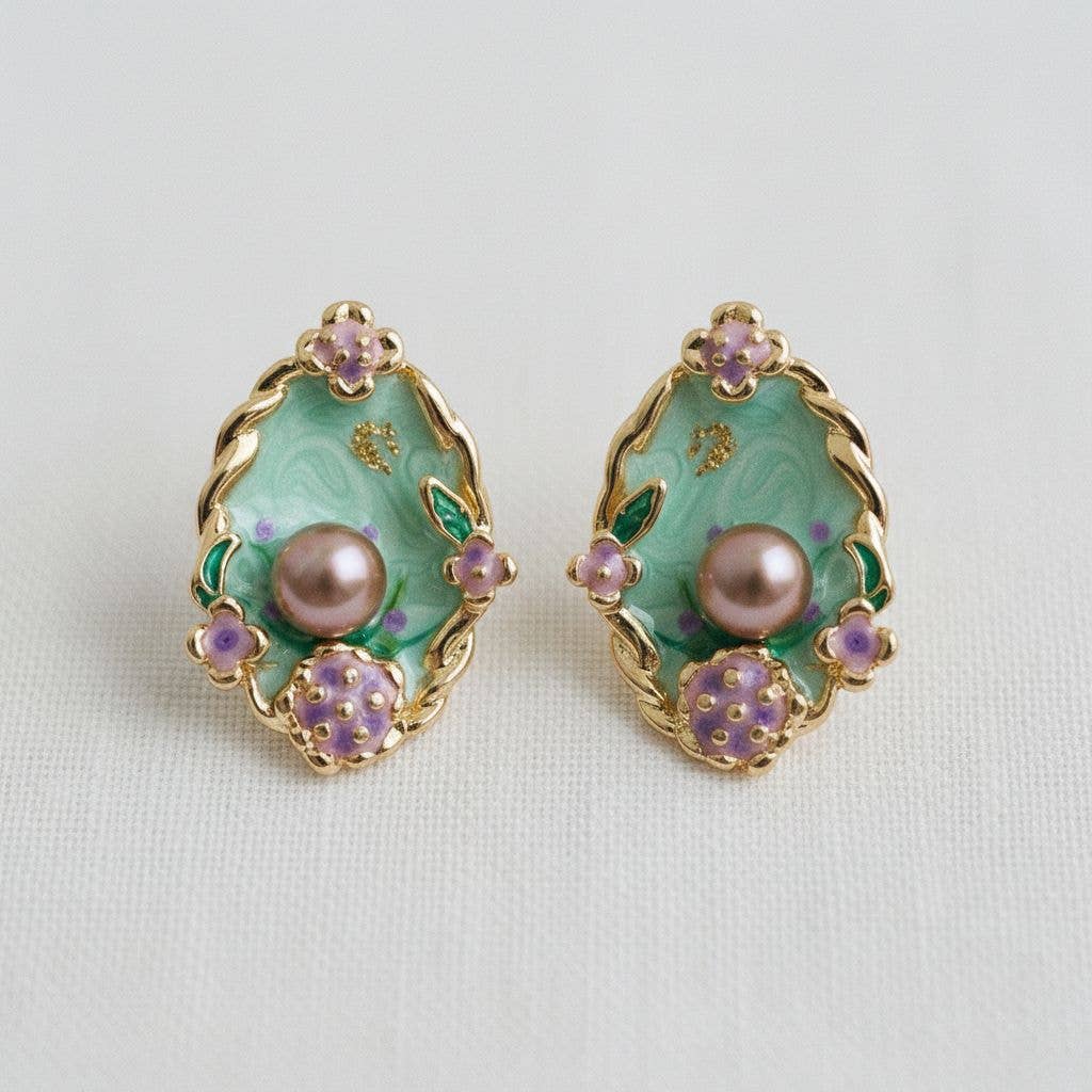 Vintage Inspired Enamel Pearl Stud Earrings
