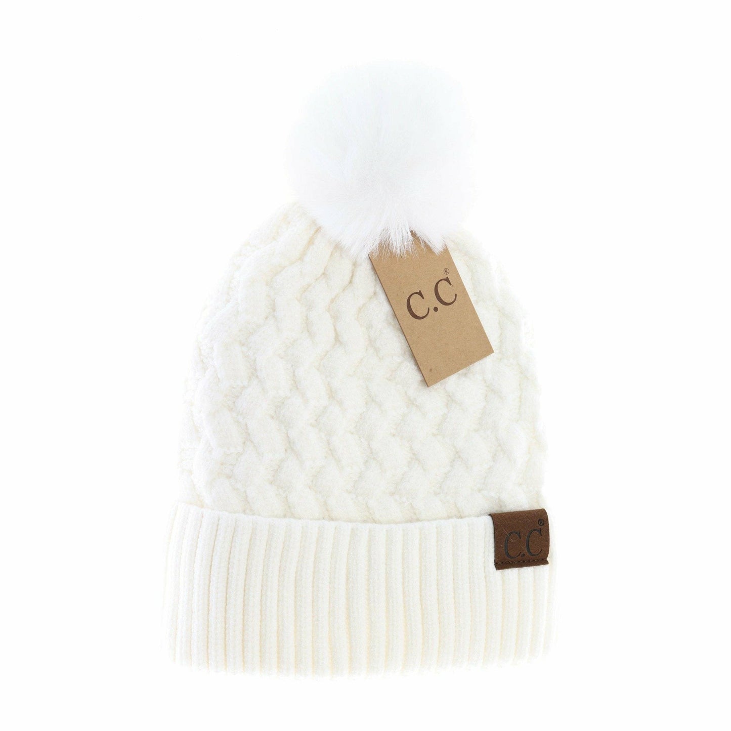 Woven Cable Knit Cuffed Matching Fur Pom CC Beanie