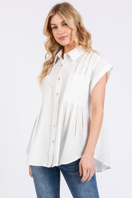Pleated Cotton Button Down Top