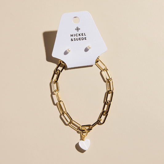Pearl Heart Charm Bracelet and Stud Set