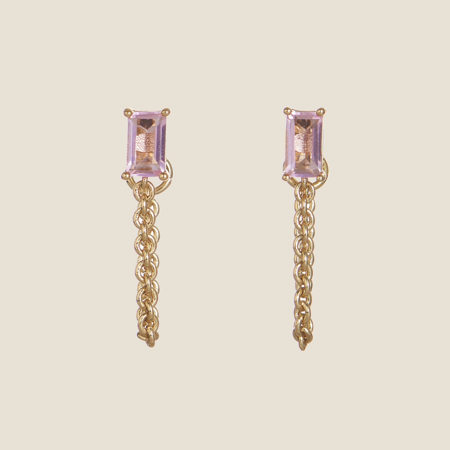 Pink Baguette Chain Drop Studs