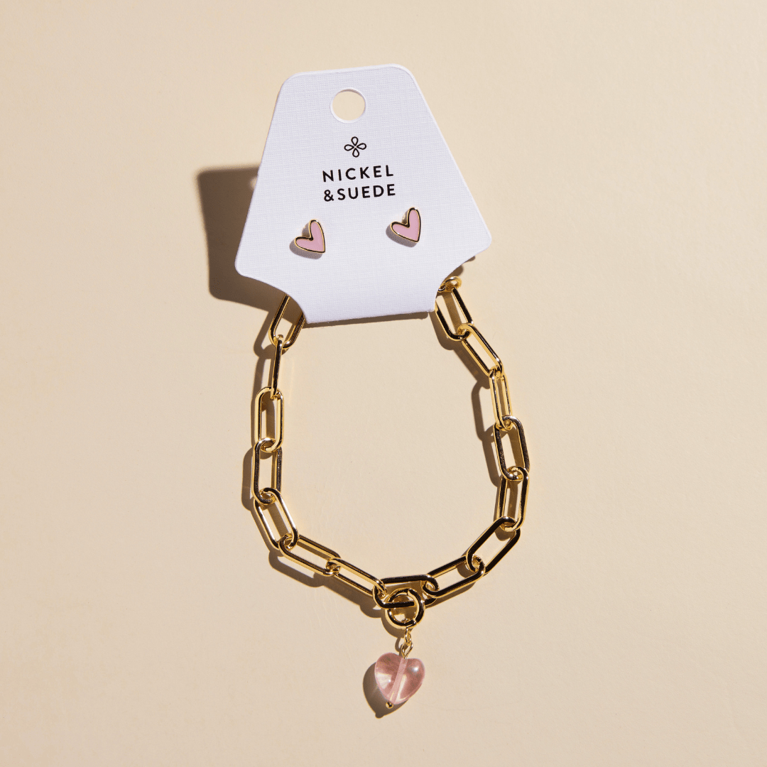 Pink Stone Heart Charm Bracelet and Stud Set