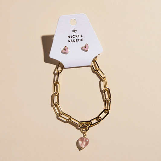 Pink Stone Heart Charm Bracelet and Stud Set