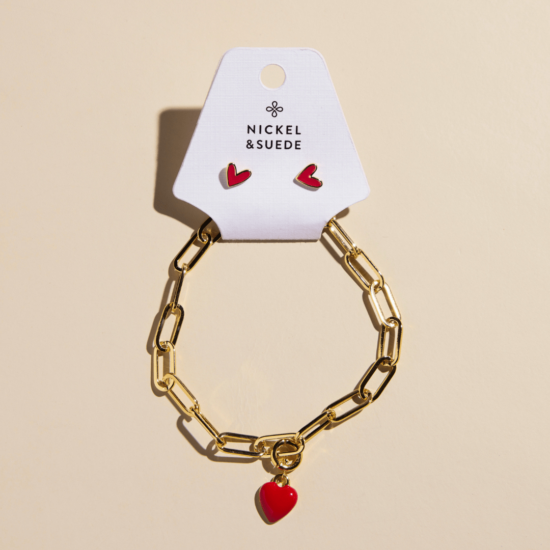 Red Heart Charm Bracelet and Stud Set